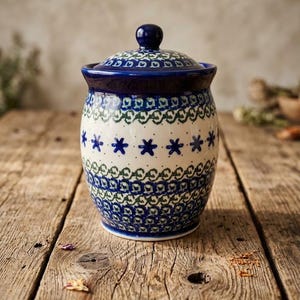 Pode incluir: Um pote de cerâmica com tampa, apresentando uma base de cor creme decorada com padrões intrincados em azul e verde. O design inclui uma faixa horizontal de motivos azuis em forma de estrela rodeados por bordas florais geométricas repetidas.
