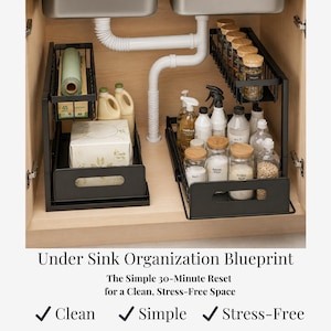May include: Black metal under-sink organisers filled with cleaning supplies, spices, and other household items. The image includes text that reads "Under Sink Organization Blueprint" and "Clean, Simple, Stress-Free."