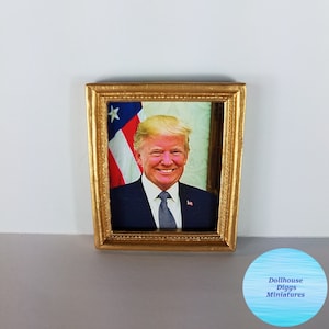 Miniature Art Picture Print President Donald Trump Dollhouse Diggs 1:12 Scale Gold Frame Mini Portrait Art Magnetic Back MAGA Miniature