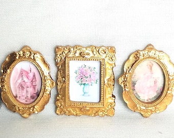 3 Miniature French Shabby Chic Pictures Dollhouse 1:12 Scale Pink + White Mini Gold Frames Flowers, Marie Antoinette and Victorian House