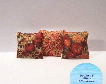 3 Miniature Throw Pillows Fall Design with Pumpkins and Sunflowers 1:12 Scale Dollhouse Diggs Mini Autumn Flowers and Geometric Pillows