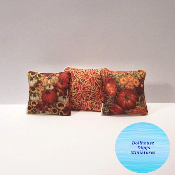 3 Miniature Throw Pillows Fall Design with Pumpkins and Sunflowers 1:12 Scale Dollhouse Diggs Mini Autumn Flowers and Geometric Pillows