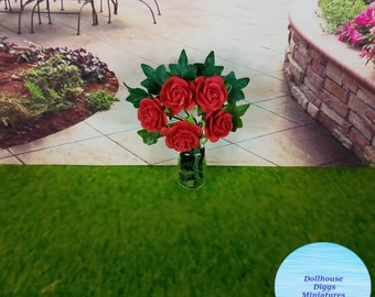 Miniature Rose Bouquet Dollhouse Hand Made Red Paper Roses 1:12 Dollhouse Diggs Mini Red Flower Bouquet Artisan Made Bobbi Edwards