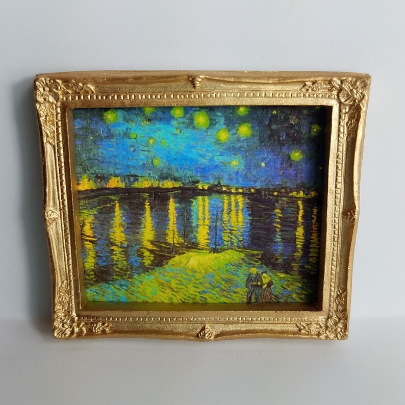 Miniature Framed Picture Vincent Van Gogh Starry Night on the Rhone Dollhouse Diggs 1:12 Scale Blues and Greens Gold Frame Mini Print image 4