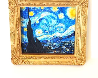 Miniature Picture Vincent Van Gogh Starry Night Classic Blue Dollhouse Diggs Blue Abstract Print Mini Moon and Sky Print with Magnet Back
