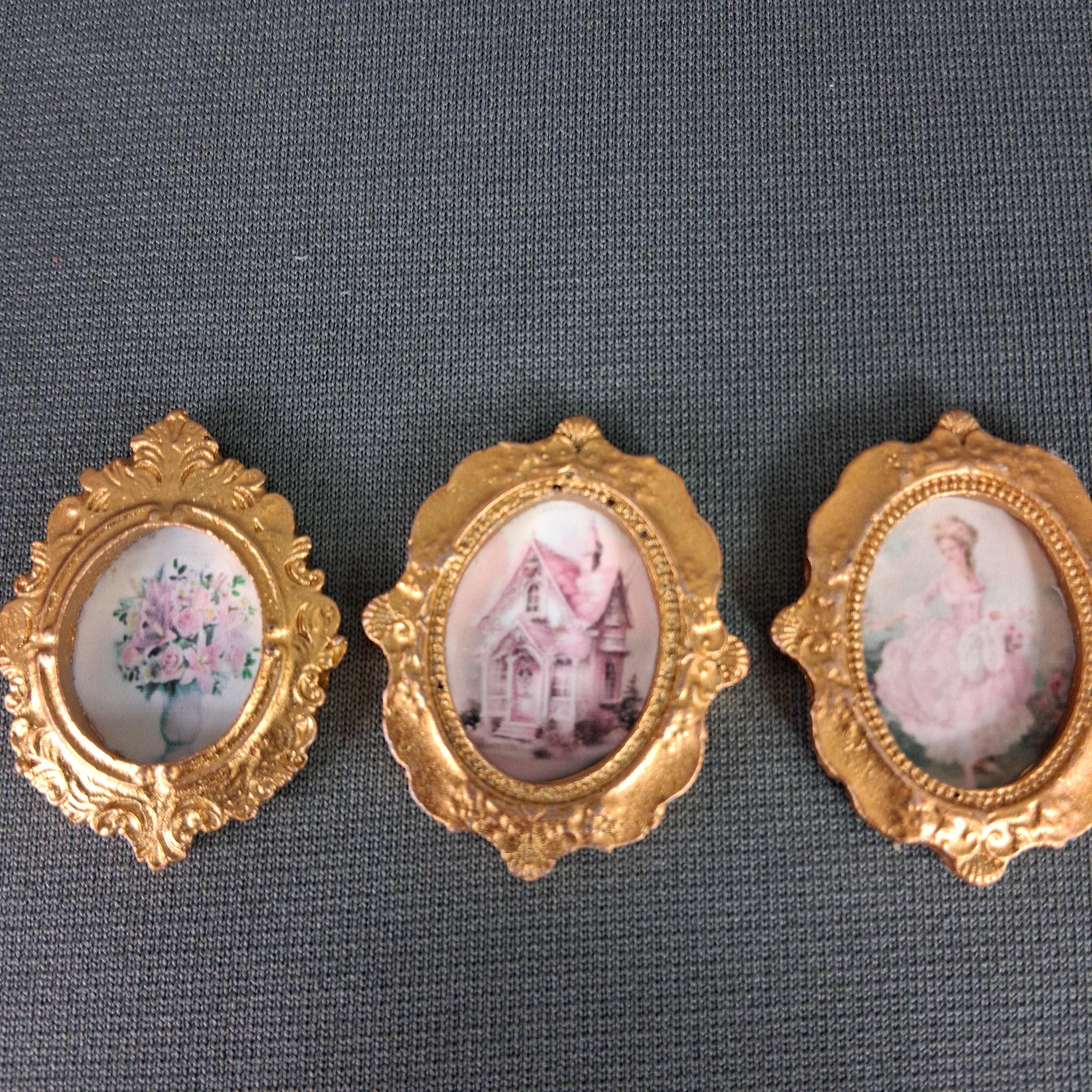 3 Miniature French Shabby Chic Pictures Dollhouse 1:12 Scale Pink