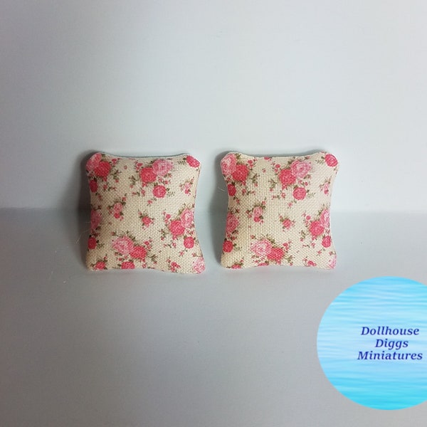 Miniature Dollhouse Diggs  Shabby Chic Pink Roses Throw Pillows 1:12 Scale Mini Accent Pillow Cream Colored Background