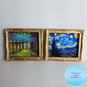 Set Miniature Prints for Dollhouse Starry Night and Starry Night on the Rhone Vincent Van Gogh Blues and Greens Mini Print 1:12 Scale