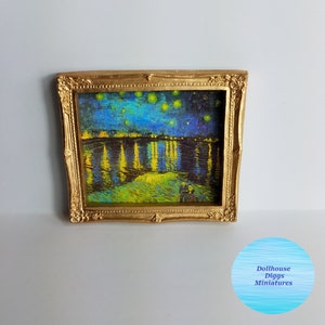 Miniature Framed Picture Vincent Van Gogh Starry Night on the Rhone Dollhouse Diggs 1:12 Scale Blues and Greens Gold Frame Mini Print image 5