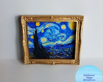 Miniature Picture Vincent Van Gogh Starry Night Classic Blue 1:12 Dollhouse Diggs Blue Abstract Print Mini Moon and Sky Print with Houses