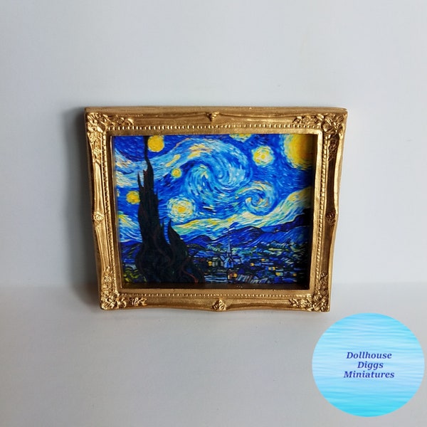 Miniature Picture Vincent Van Gogh Starry Night Classic Blue 1:12 Dollhouse Diggs Blue Abstract Print Mini Moon and Sky Print with Houses