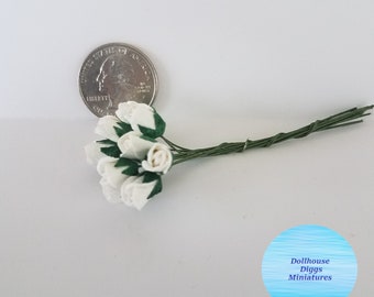 Dollhouse Mini Miniatures Garden Flower Supply Tiny White Rose Buds for Little Bouquets USA Ship 1:12 Scale Handmade Mulberry Paper Roses