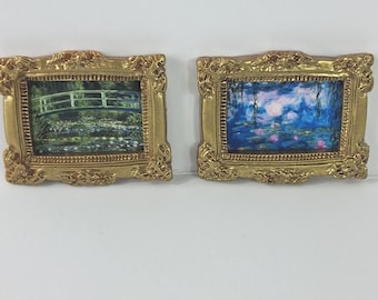 Dollhouse Miniature Art: Vincent Van Gogh Prints, 1∶12 Scale Pink and Blue Waterlilies and Lily Bridge