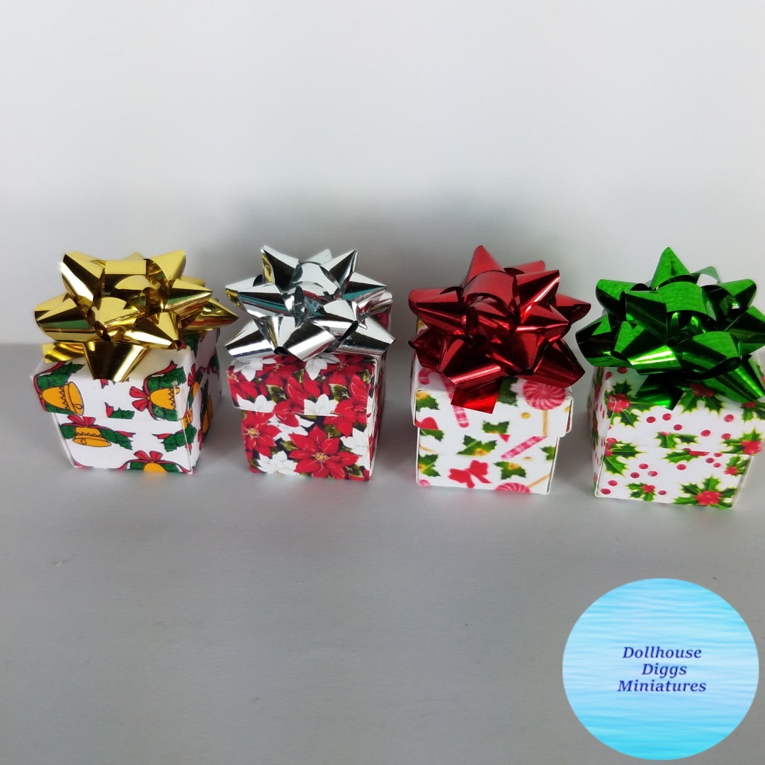 Set of 4 Miniature Christmas Presents W/ Shiny Bows 1:12 Artisan Made ...
