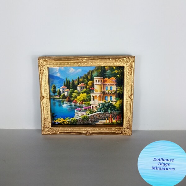 Miniature Picture Castle on the Water Dollhouse Diggs 1:12 Scale Print for Dollhouse Very Colorful Shoreline Mini Wall Art with Gold Frame