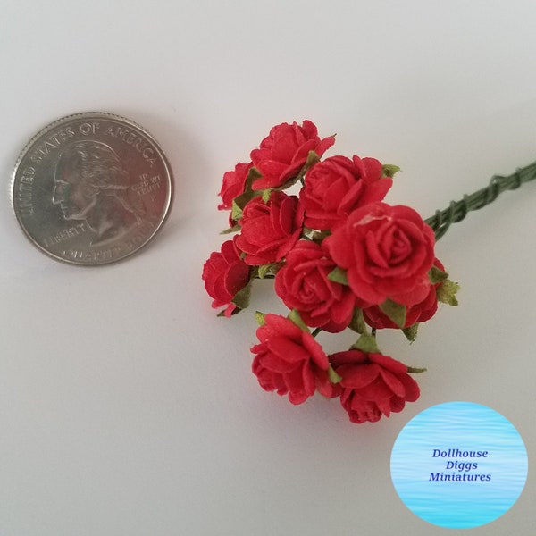 10 Dollhouse Miniatures Garden Flower Supply Bright Red Valentine Roses for Little Bouquets USA Shipping 1:12 Scale Handmade Mulberry Paper