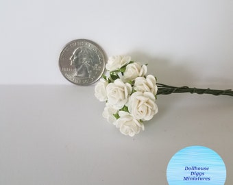 10 Dollhouse Miniatures Garden Flower Supply Tiny White Roses for Little Bouquets USA Shipping 1:12 Scale Handmade Mulberry Paper Rose Mini