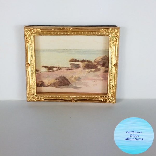 Miniature Framed Monet Print Nautical Beach Scene Dollhouse Diggs Mini Beach Cottage Little Ocean Shore Picture in Gold Frame Beach Theme