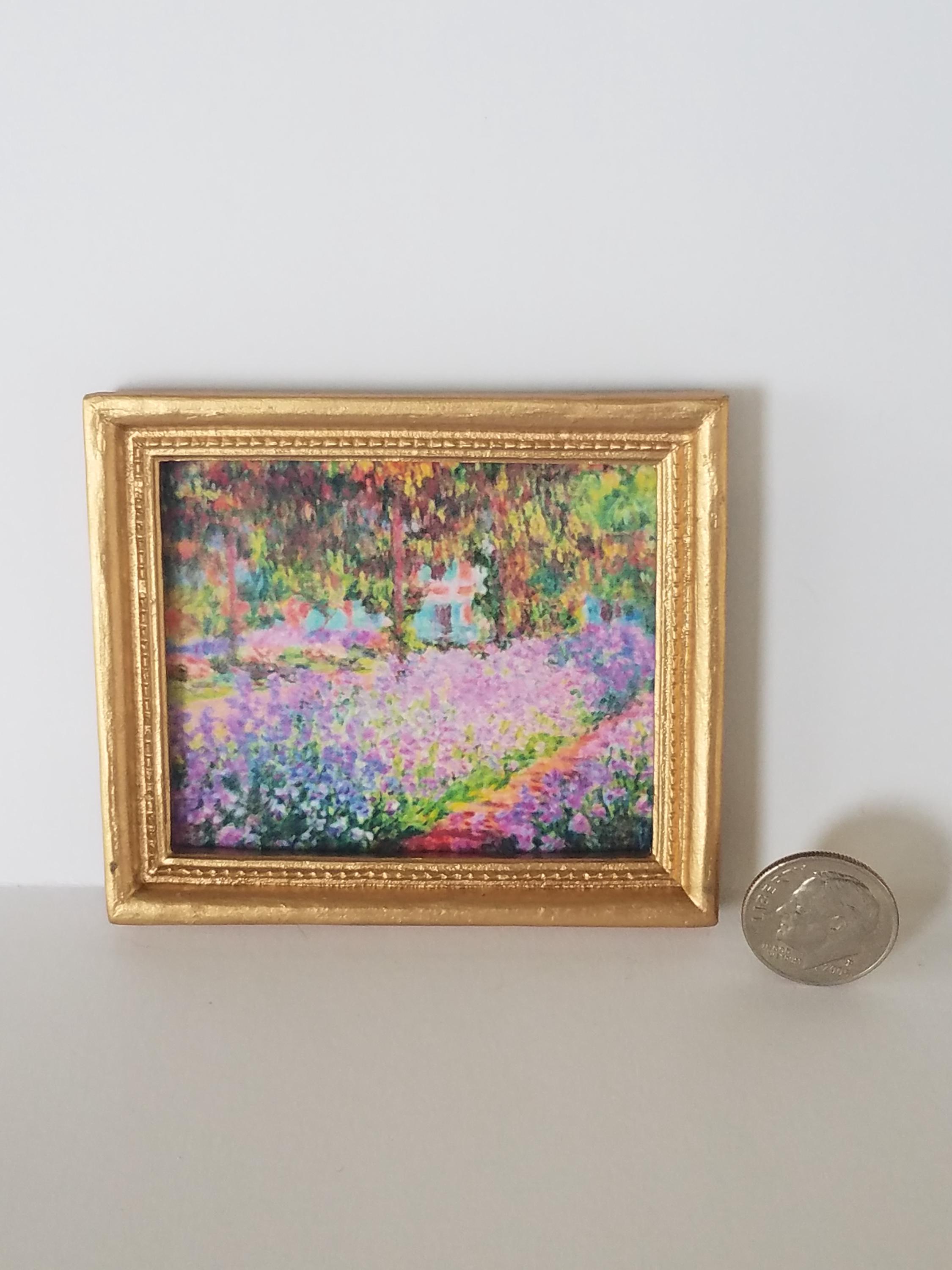 Miniature Picture Claude Monet Garden at Giverny Dollhouse Diggs 1:12 Scale Print for Dollhouse Colorful Mini Wall Art Small with Gold Frame
