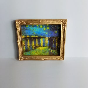 Miniature Framed Picture Vincent Van Gogh Starry Night on the Rhone Dollhouse Diggs 1:12 Scale Blues and Greens Gold Frame Mini Print image 6