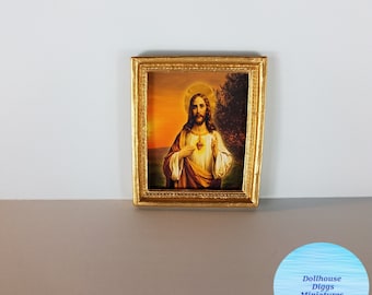 Miniature Art Picture Print Jesus and the Sacred Heart Dollhouse Diggs 1:12 Scale Gold Frame Mini Religious Art Print with Magnetic Back