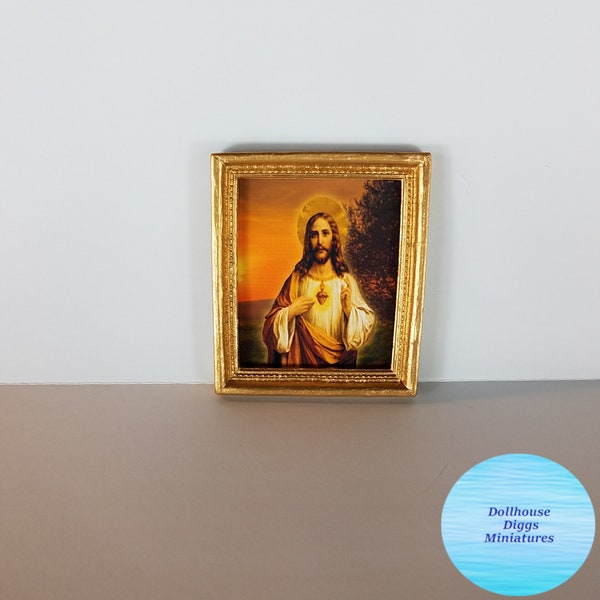 Miniature Art Picture Print Jesus and the Sacred Heart Dollhouse Diggs 1:12 Scale Gold Frame Mini Religious Art Print with Magnetic Back