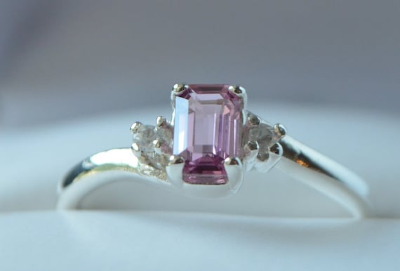 Pink Sapphire Ring: Sterling Silver Octagon Cut, White Sapphire Accents