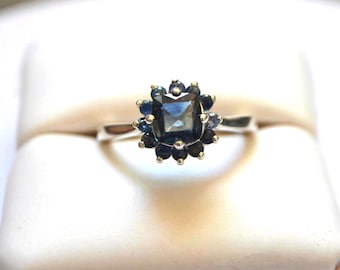 Greenish Blue Sapphire Cocktail Ring: Cushion Cluster, Sterling Silver