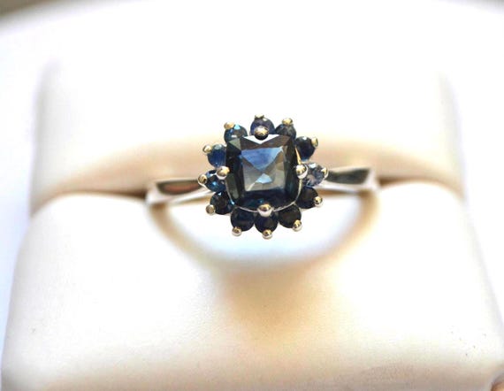 Greenish Blue Sapphire Cocktail Ring: Cushion Cluster, Sterling Silver