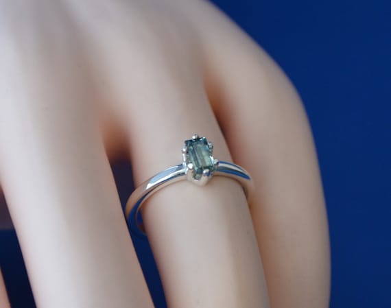 Baguette Sapphire Ring: 0.52 Carat Blue Green Gem, Sterling Silver