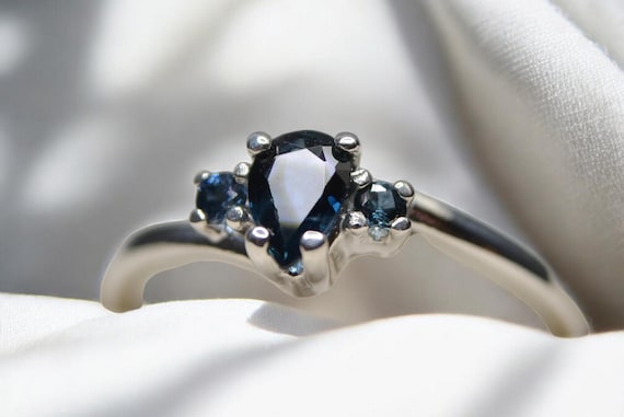 Pear Blue Sapphire Ring: Sterling Silver Tanzanite Accent Stones