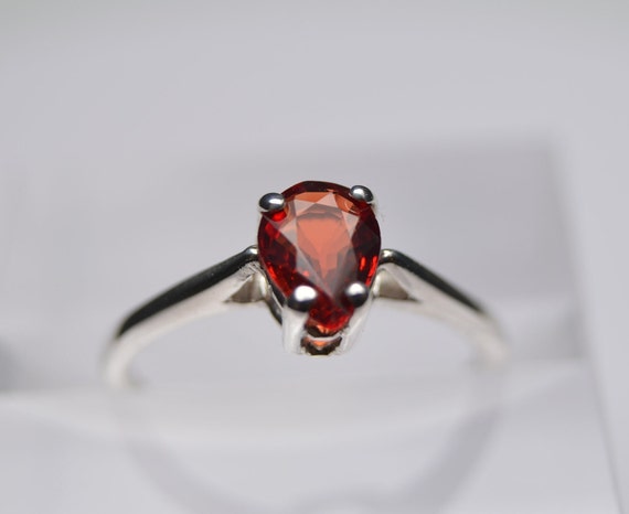 Orange-Red Sapphire Ring: Pear Cut in Sterling Silver