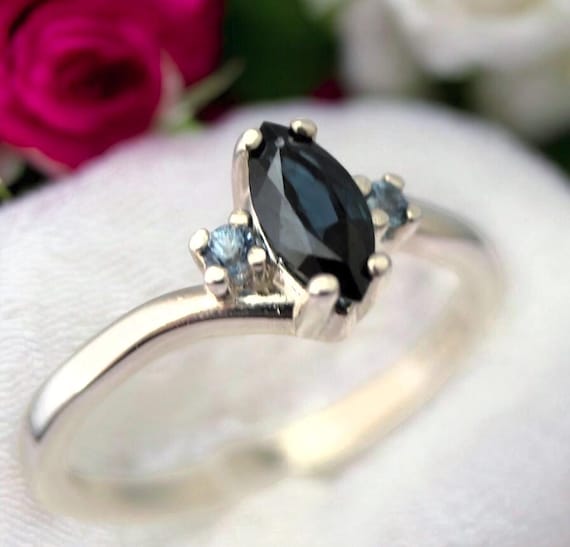 Marquise Navy Blue Sapphire Ring: Madagascar Gemstone Accents