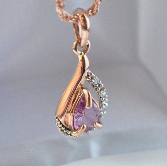 Royal Purple Pink Montana Sapphire Necklace: 10K Rose Gold Pear Pendant