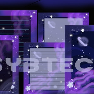 Può includere: Quattro design di carta digitale stampabili con un tema galattico con nebulose viola, stelle e pianeti. Il testo "SYBTECH" è visibile al centro dell'immagine.