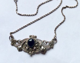 Vintage Black Onyx Filigree Balinese Sterling Silver Pendant Necklace