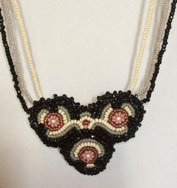 Heart Necklace Vintage 1960's Hand Beaded on Leat… - image 2