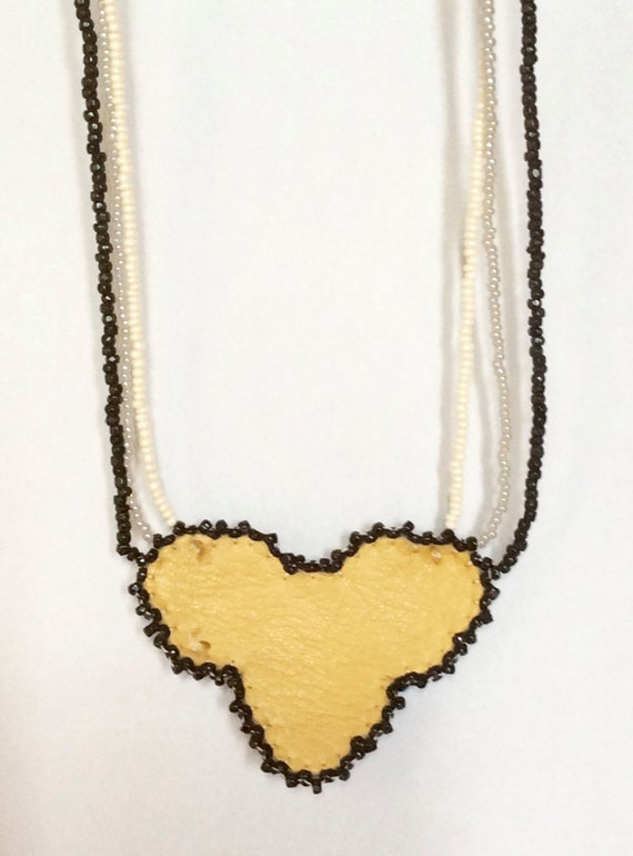 Heart Necklace Vintage 1960's Hand Beaded on Leat… - image 3