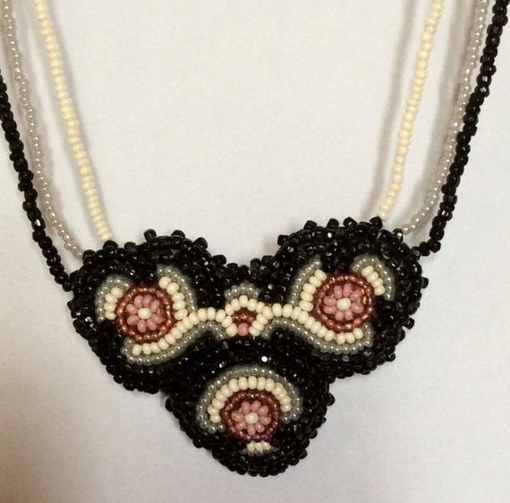 Heart Necklace Vintage 1960's Hand Beaded on Leat… - image 1