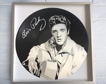 Elvis Presley painted on Vinyl Record - Framed and ready to hang. Vinyl record art