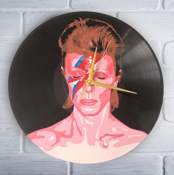 Ziggy Stardust painted retro vinyl clock. Gift for music lover