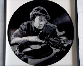 Grandmaster Flash painted on Vinyl Record - Framed and ready to hang. Vinyl record art