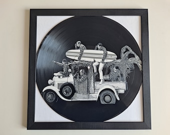 The Beach Boys Surfin' Safari painted on Vinyl Record - Framed and ready to hang. Vinyl record art