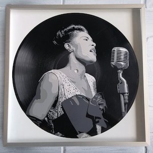 Billie Holiday painted on Vinyl Record - Framed and ready to hang. Vinyl record art