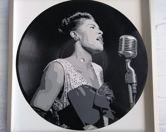 Billie Holiday painted on Vinyl Record - Framed and ready to hang. Vinyl record art