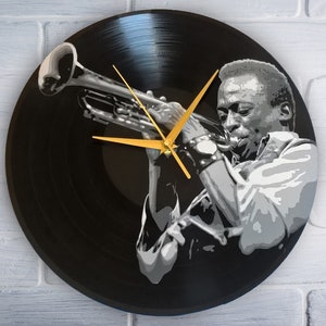 Miles Davis painted retro vinyl record clock,. Wall clock . Gift for music lover