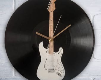 Electric guitar painted vinyl record clock. Fender Stratocaster
