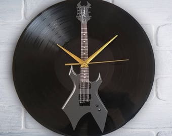 Electric guitar painted vinyl record clock.