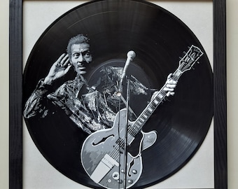 Chuck Berry peint sur disque vinyle - Encadré et prêt à accrocher. Art du disque vinyle