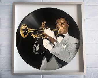 Louis Armstrong peint sur Vinyl Record - Encadré et prêt à accrocher. Art d’enregistrement de vinyle